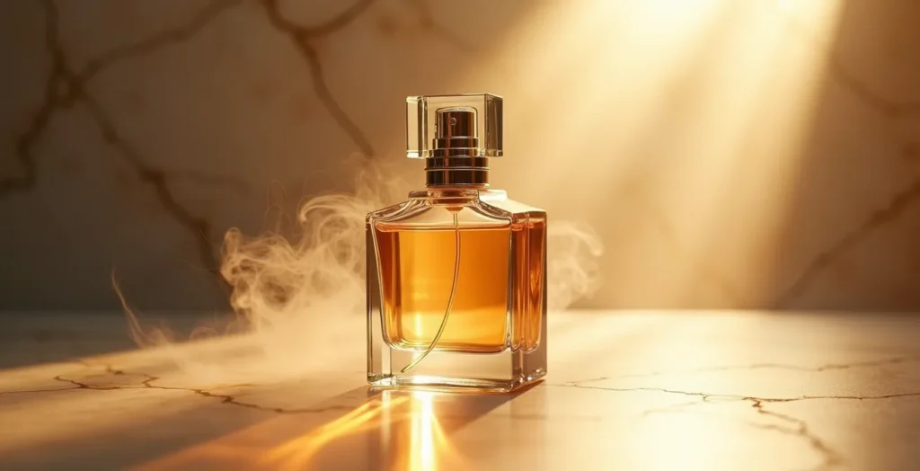 Flacone di profumo elegante con riflessi dorati in ambiente minimalista Flacone di profumo elegante con riflessi dorati in ambiente minimalista